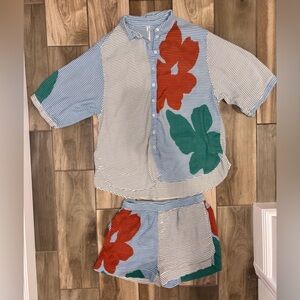 Anthropologie Blue/White Striped Set with Red and Green Floral. S-shorts L-top